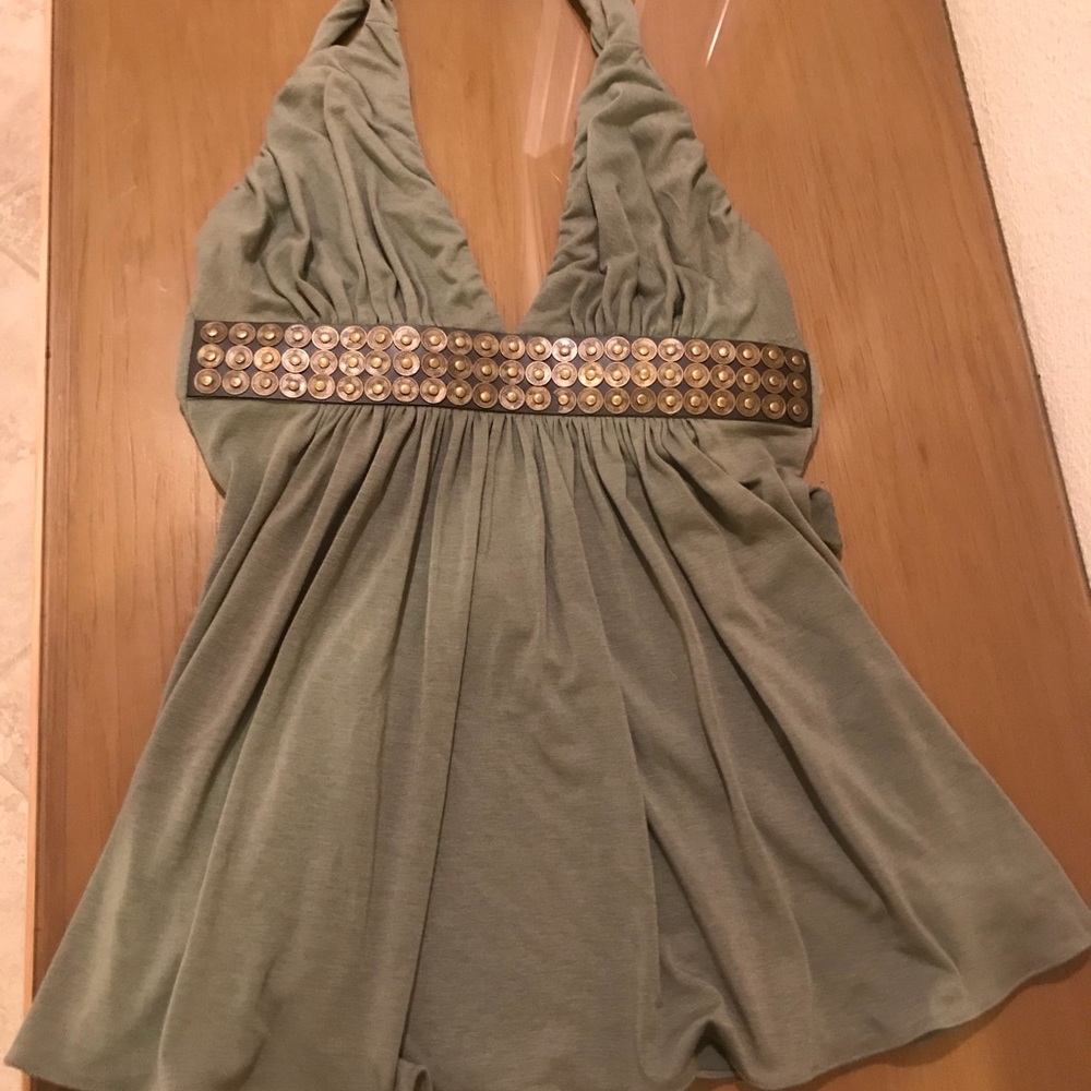 Green Jagger halter top with decorative leather
